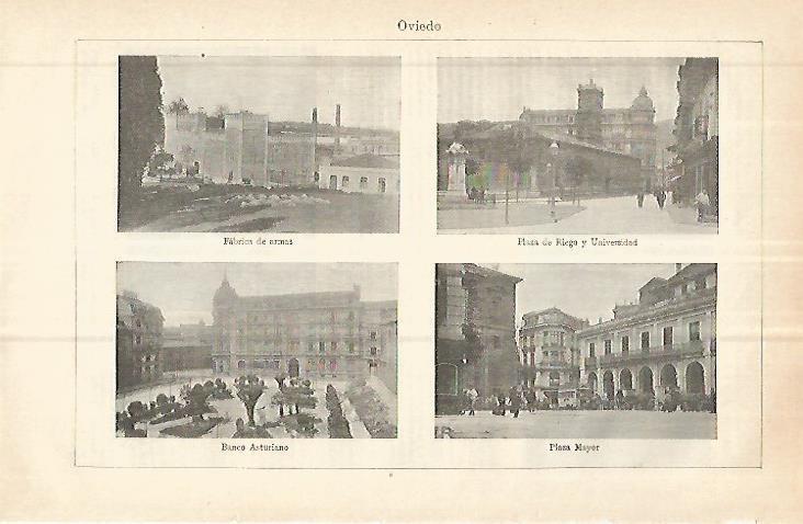 LAMINA ESPASA 32843: Fabrica de armas, Plaza del Riego, Banco Asturiano y Plaza Mayor de Oviedo