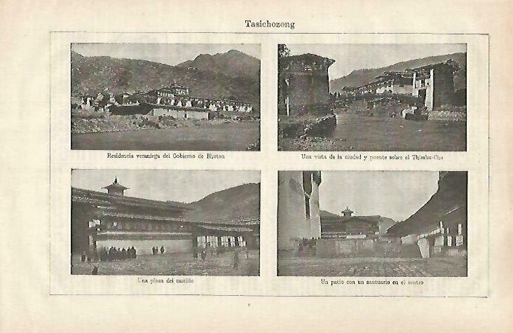 LAMINA ESPASA 33494: Plaza del Castillo, Residencia de verano y vista de Tasichozong, Bhutan