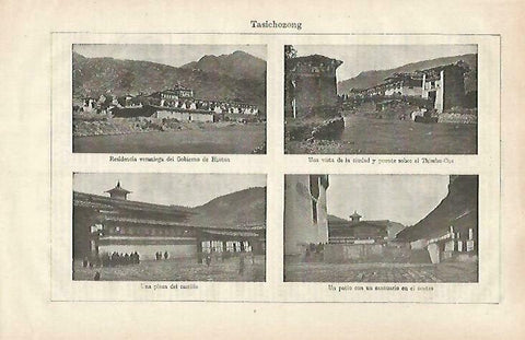 LAMINA ESPASA 33494: Plaza del Castillo, Residencia de verano y vista de Tasichozong, Bhutan