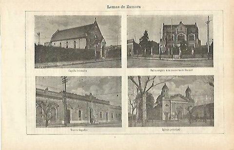 LAMINA ESPASA 33431: Capilla Britanica, Iglesia, Teatro Español y Salon de Barker en Lomas de Zamora