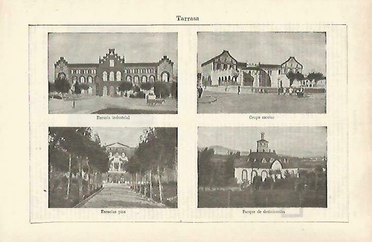 LAMINA ESPASA 33480: Escuela Industrial, Grupo Escolar, Escuelas Pias y Parque de Desinfeccion de Terrassa, Barcelona