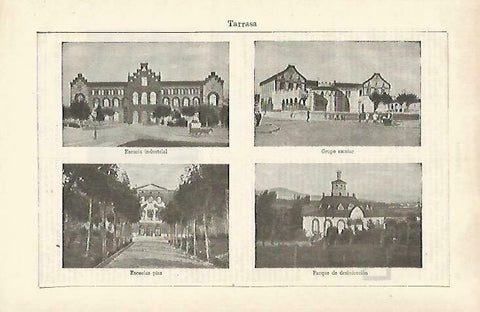 LAMINA ESPASA 33480: Escuela Industrial, Grupo Escolar, Escuelas Pias y Parque de Desinfeccion de Terrassa, Barcelona