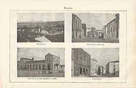LAMINA ESPASA 33479: Vista, Calle Arrabal, Ayuntamiento y Estacion de Ferrocarriles de Terrassa, Barcelona