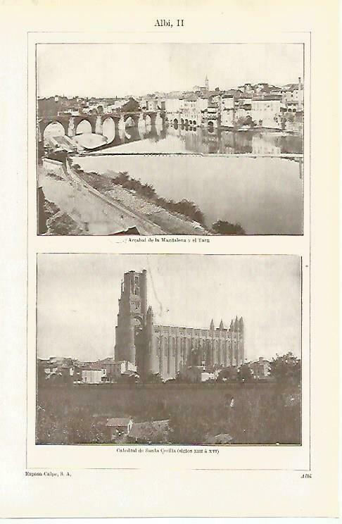 LAMINA ESPASA 33640: Arrabal de la Magdalena y Catedral de Santa Cecilia en Albi, Francia