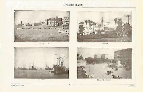 LAMINA ESPASA 33675: Mezquita, puereto, plaza de los Consules y Palacio de Ras el-Tin en Alejandria, Egipto