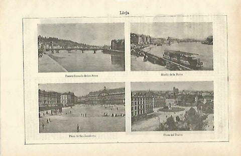 LAMINA ESPASA 33260: Puente de los Arcos, muelle de la Batte, Plaza de San Lambert y Plaza del Teatro de Lieja, Belgica