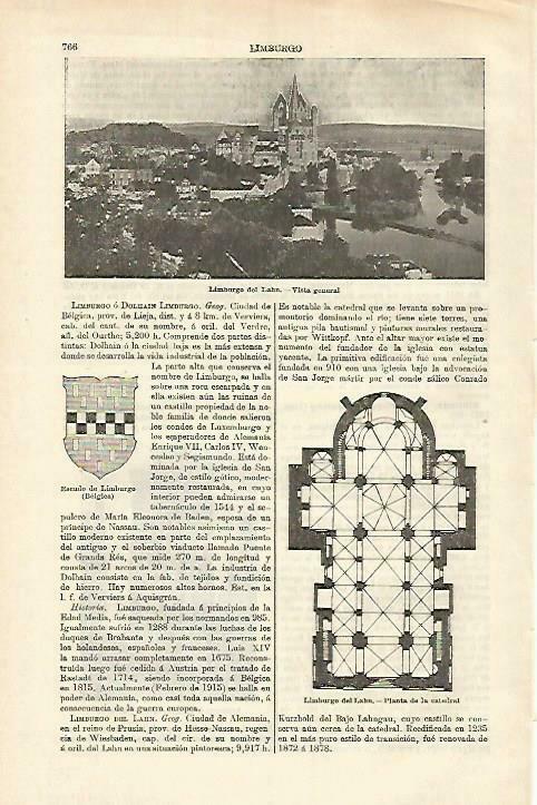 LAMINA ESPASA 33286: Vista y escudo de Limburgo, Belgica