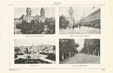 LAMINA ESPASA 33284: Plaza de Armas, Catedral, Calle del Mercado , Paseo de Colon y Avenida del Jardin Botanico de Lima, Peru