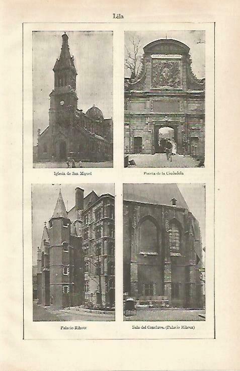 LAMINA ESPASA 33273: Iglesia de San Miguel, Puerta de la Ciudadela, Palacio Rihour y Sala de Conclave en Lille, Francia