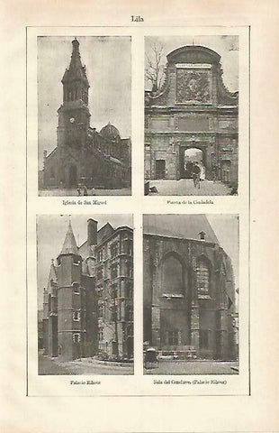 LAMINA ESPASA 33273: Iglesia de San Miguel, Puerta de la Ciudadela, Palacio Rihour y Sala de Conclave en Lille, Francia