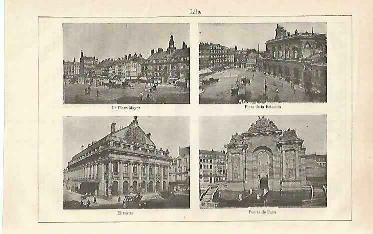 LAMINA ESPASA 33272: Plaza Mayor, Plaza de la Estacion, Teatro y Puerta de Paris de Lille, Francia