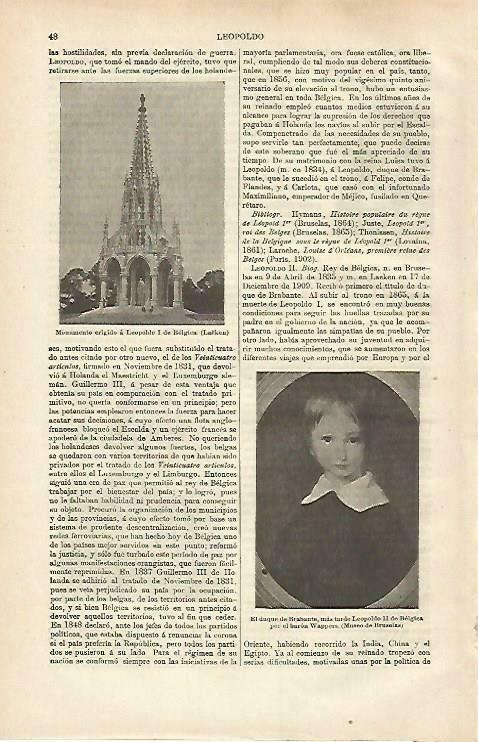LAMINA ESPASA 33177: Monumento a Leopoldo I de Belgica en Lucken