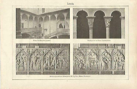 LAMINA ESPASA 33196: Paatio del Hospital General y relieve de la iglesia de Corbins, Lerida