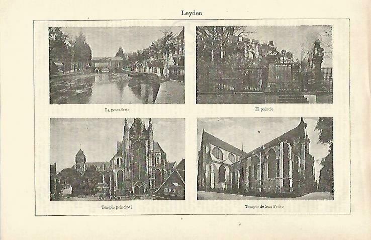 LAMINA ESPASA 33222: Pescaderia, Palacio, Templo y Templo de San Pedro en Leyden, Holanda
