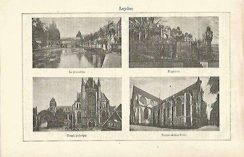 LAMINA ESPASA 33222: Pescaderia, Palacio, Templo y Templo de San Pedro en Leyden, Holanda