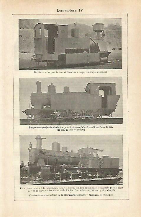 LAMINA ESPASA 33389: Locomotoras de la Maquinista Terrestre y Maritima de Barcelona