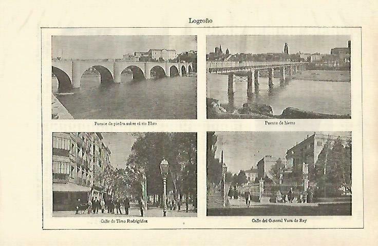LAMINA ESPASA 33422: Puente de Piedra, puente de hierro, calle Tirso Rodriguez y calle General Van de Rey con Logroño