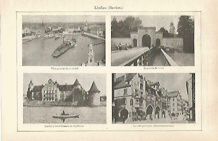 LAMINA ESPASA 33306: Puerta de Tierra, Torre de la Polvora y Maximiliansstrasse en Lindau, Alemania