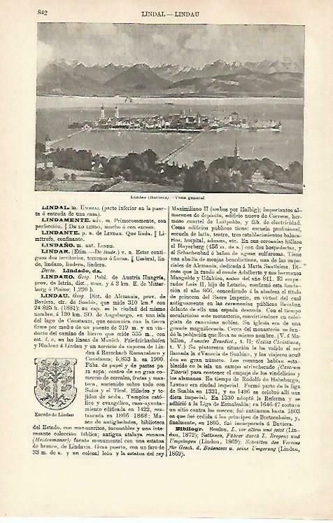 LAMINA ESPASA 33305: Vista y escudo de Lindau, Alemania