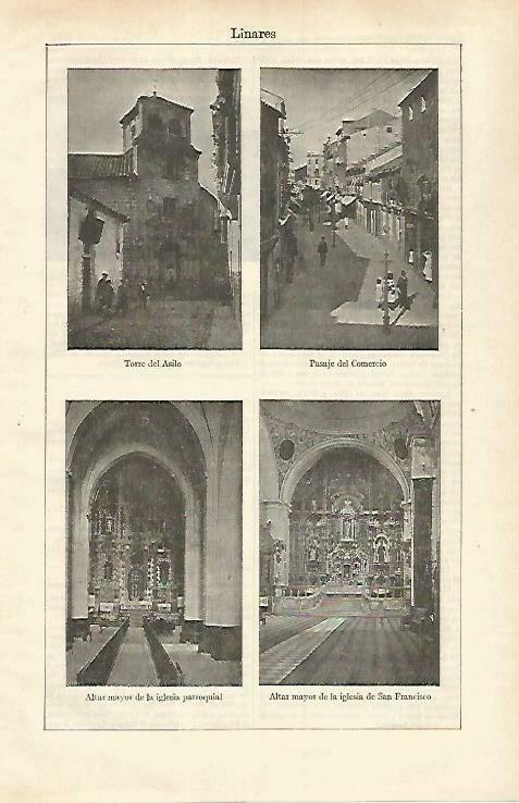 LAMINA ESPASA 33297: Torre del Asilo, Pasaje del Comercio, Iglesia de San Francisco de Linares, Jaen