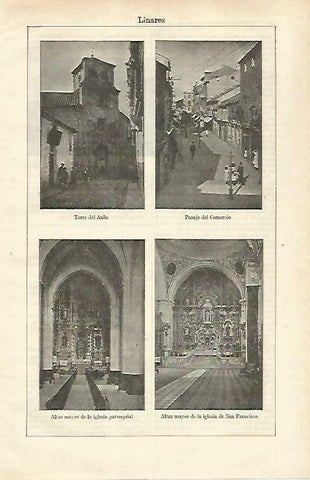 LAMINA ESPASA 33297: Torre del Asilo, Pasaje del Comercio, Iglesia de San Francisco de Linares, Jaen