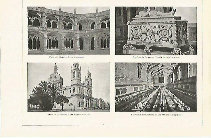 LAMINA ESPASA 33348: Claustro y refectorio de los Jeronimos, Sepulcro de Camoens e Iglesia de la Estrella en Lisboa
