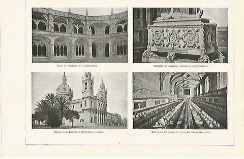 LAMINA ESPASA 33348: Claustro y refectorio de los Jeronimos, Sepulcro de Camoens e Iglesia de la Estrella en Lisboa