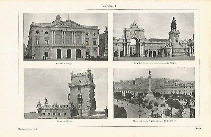 LAMINA ESPASA 33347: Palacio Municipal, Plaza del Comercio, Torre de Belem y Plaza del Rocio en Lisboa