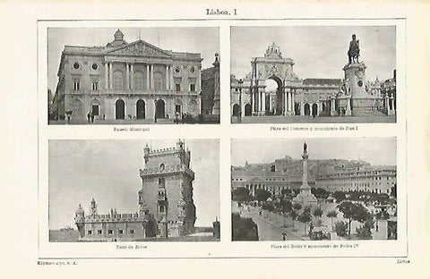 LAMINA ESPASA 33347: Palacio Municipal, Plaza del Comercio, Torre de Belem y Plaza del Rocio en Lisboa