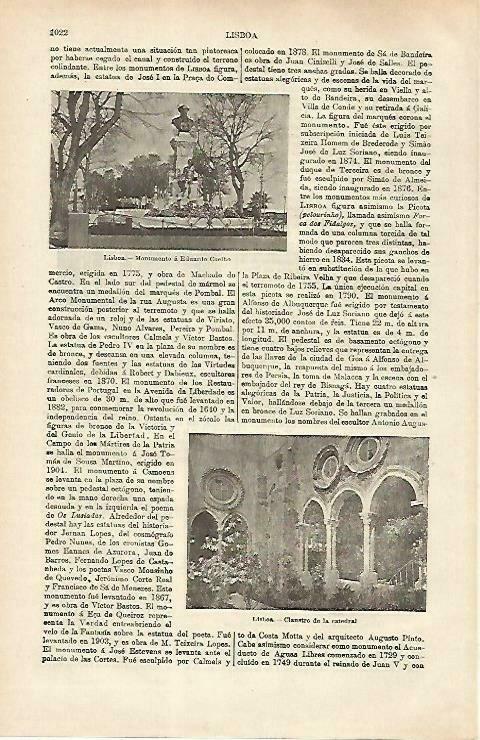 LAMINA ESPASA 33345: Monumento a E. Coelho y claustro de la Catedral de Lisboa, Portugal