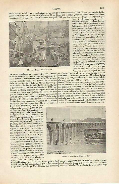 LAMINA ESPASA 33344: Ribera de pescadores y acueducto de Aguas Libres en Lisboa, Portugal