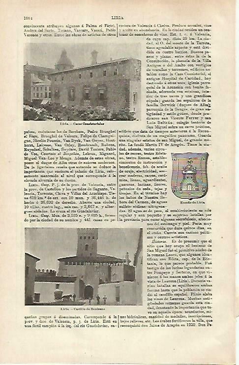 LAMINA ESPASA 33336: Escudo, Ayuntamiento y Castillo de Benisano en Liria, Valencia