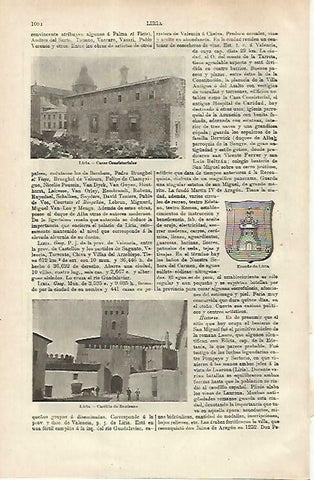 LAMINA ESPASA 33336: Escudo, Ayuntamiento y Castillo de Benisano en Liria, Valencia