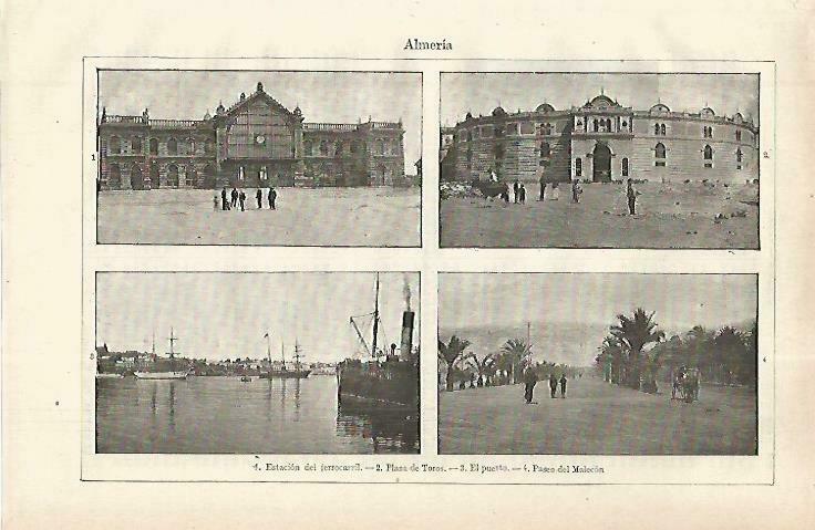 LAMINA ESPASA 33837: Estacion, Plaza de Toros, Puerto y Malecon de Almeria