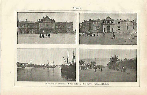 LAMINA ESPASA 33837: Estacion, Plaza de Toros, Puerto y Malecon de Almeria
