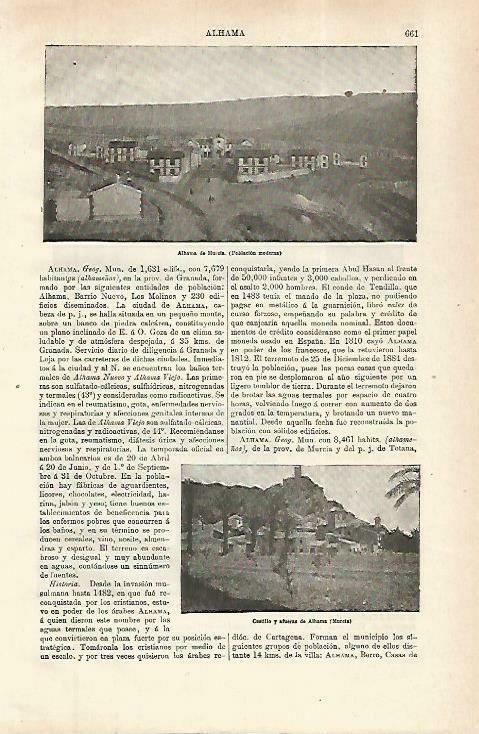 LAMINA ESPASA 33784: Castillo y vistas de Alhama de Murcia