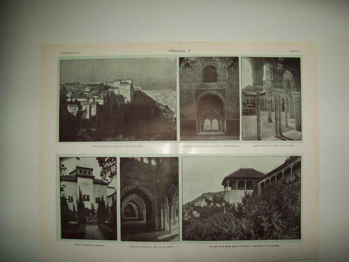 LAMINA ESPASA 33778: Vista desde el Generalide, mirador de Lindajara, Patio de los Leones y Tocador de la Reina en la Alhambra
