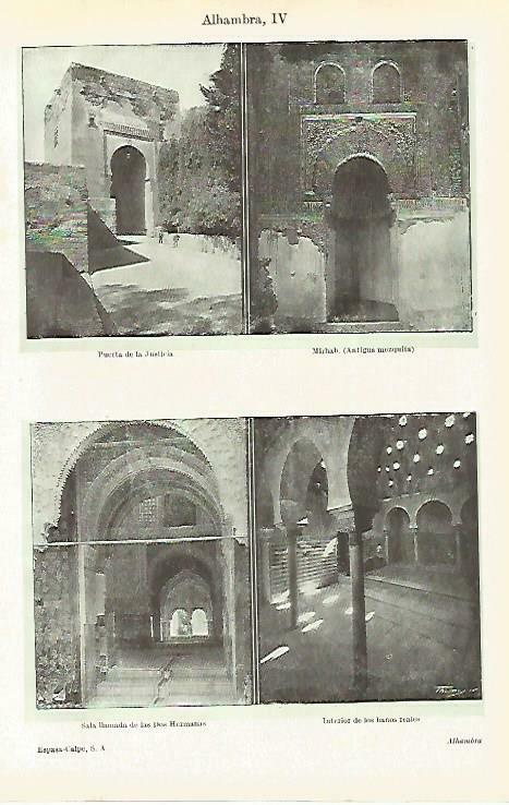 LAMINA ESPASA 33776: Puerta de la Justicia, Mihrab, sala de las Dos Hermanas y Baños reales de la Alhambra