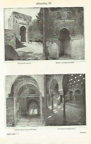 LAMINA ESPASA 33776: Puerta de la Justicia, Mihrab, sala de las Dos Hermanas y Baños reales de la Alhambra