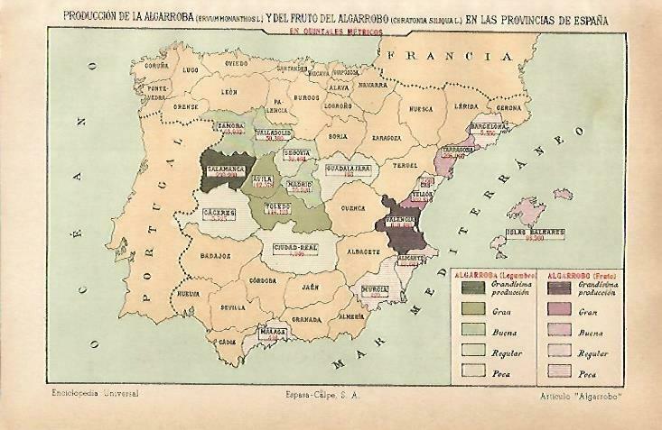LAMINA ESPASA 33756: Mapa de España de produccion de algarroba
