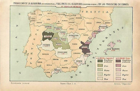 LAMINA ESPASA 33756: Mapa de España de produccion de algarroba