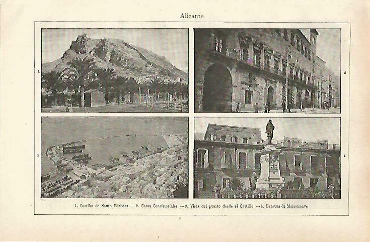 LAMINA ESPASA 33761: Castillo de Santa Barbara, Ayuntamiento, puerto y Estatua de Maisonnave en Alicante