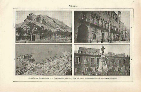 LAMINA ESPASA 33761: Castillo de Santa Barbara, Ayuntamiento, puerto y Estatua de Maisonnave en Alicante