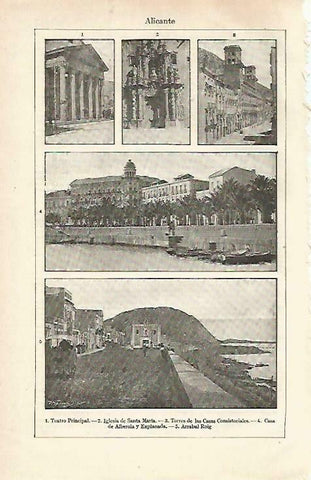 LAMINA ESPASA 33762: Teatro Principal, iglesia de Santa Maria, Casa de Alberola y Arrabal Roig en Alicante