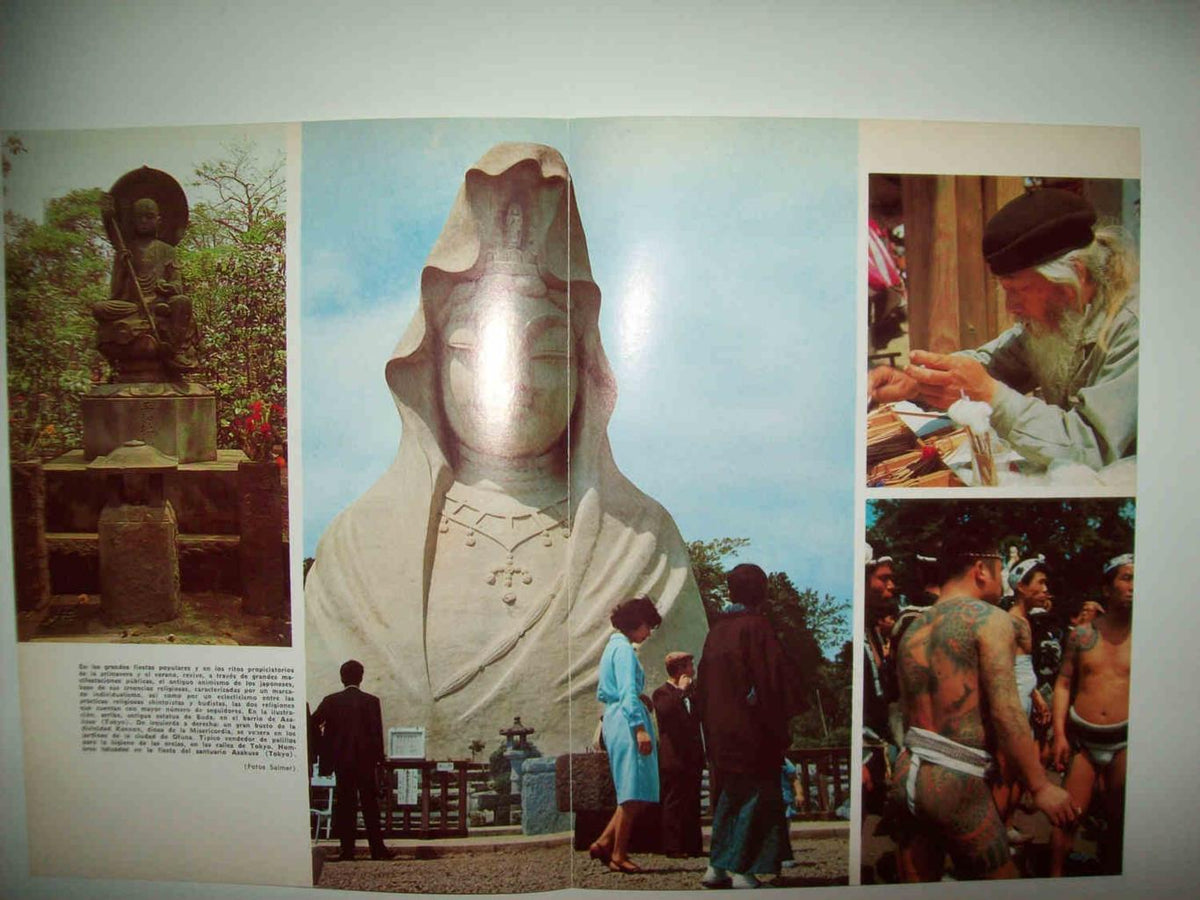 LAMINA 15364: Estatua de Buda, busto de la diosa Kannon, vendedor de palillos y hombres tatuados