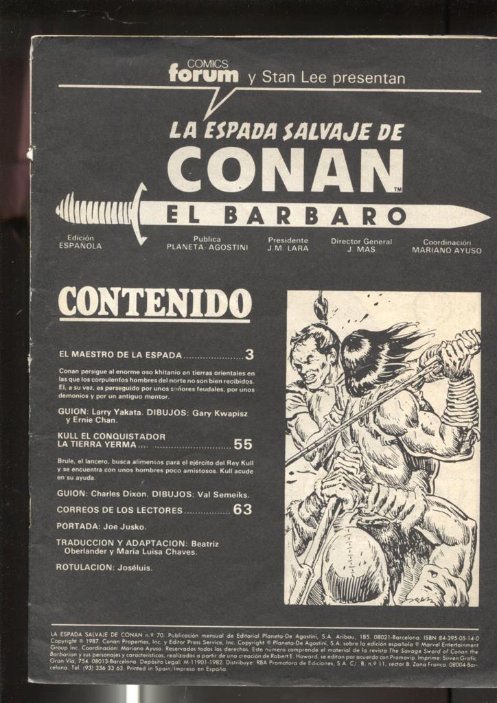 La Espada Salvaje de Conan primera edicion numero 70 (sin la cubierta)