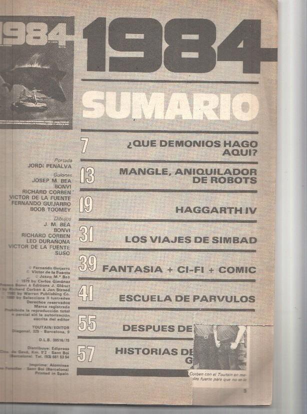 Revista: 1984 num 20. Portada: Jordi Penalva, guiones: Josep M. Bea, Bonvi, Richard Corben Victor de la Fuente, etc