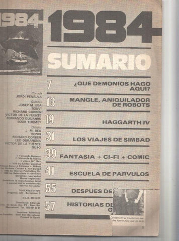 Revista: 1984 num 20. Portada: Jordi Penalva, guiones: Josep M. Bea, Bonvi, Richard Corben Victor de la Fuente, etc