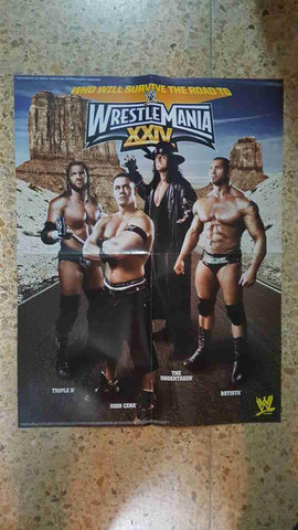 Poster desplegable doble: Wrestlemania XXIV (Triple H, John Cena, The Undertaker, Batista). Suplemento WWE Magazine