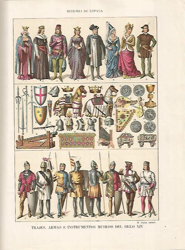 LAMINA 17872: Trajes, armas e instrumentos musicales del siglo XIV